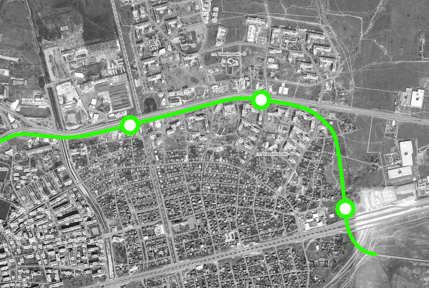 Фиг 8.Заложение на метростанциите в жк. Левски. Разположени по този начин, метростанциите ще са на ключови места в комплкеса.